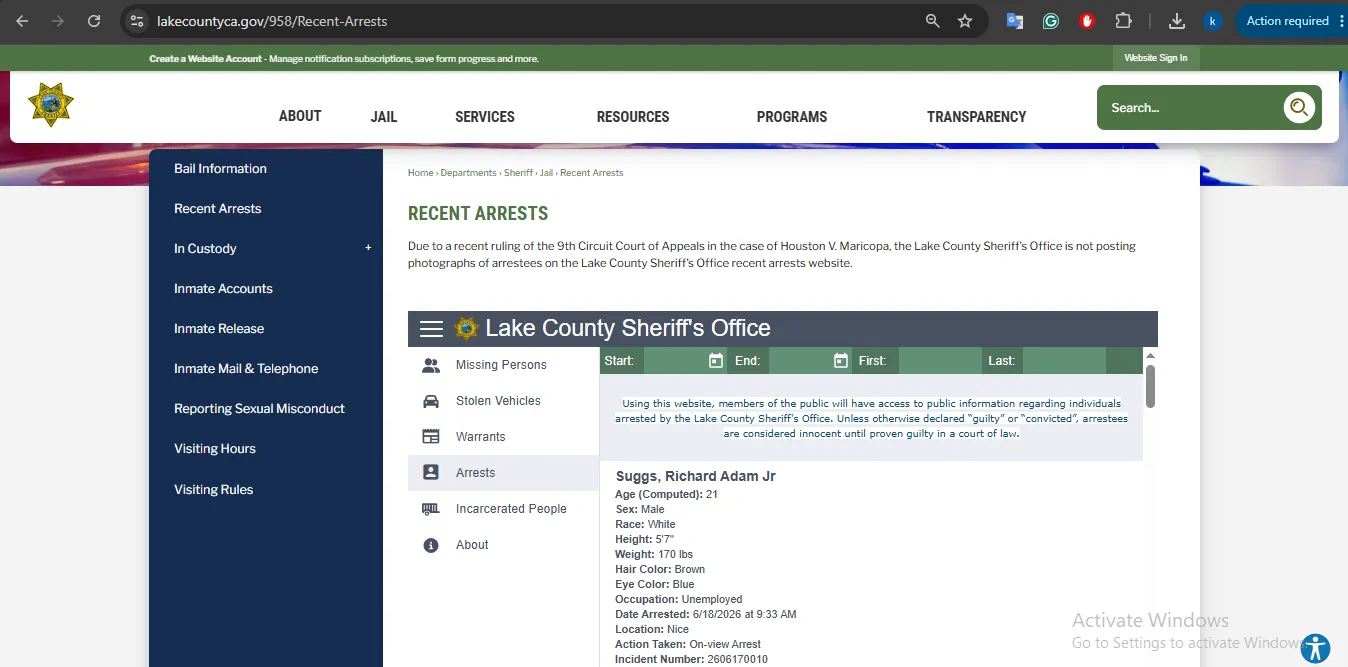 Lake County recent arrests official page user guide screenshot for jail booking record lookup