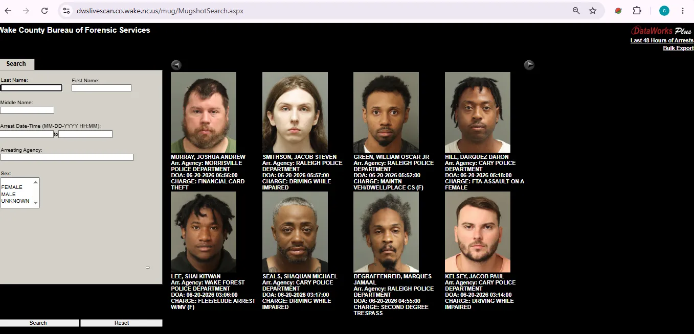 Wake County NC recent arrests official CCBI arrest records page user guide screenshot