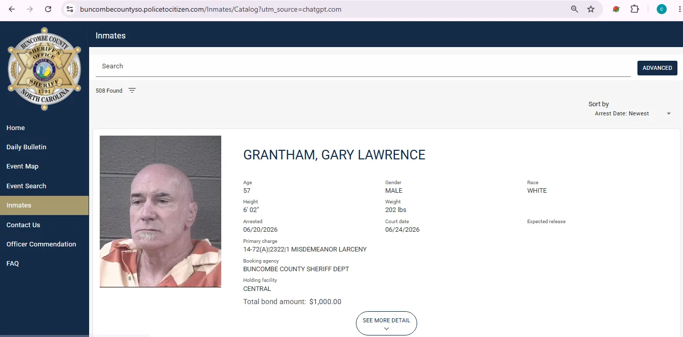Buncombe County recent arrests official inmate catalog user guide screenshot for booking and jail record lookup