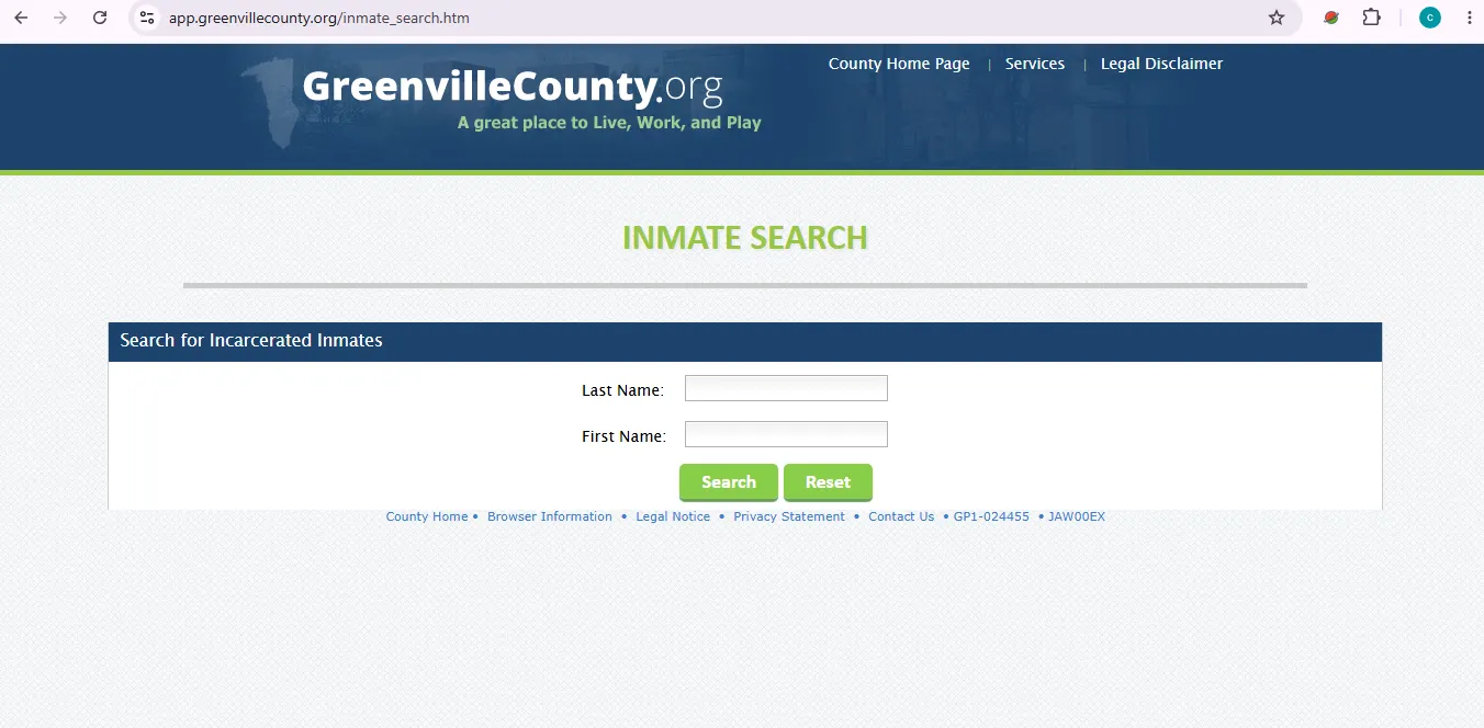 Greenville County jail recent arrests official inmate search page user guide screenshot