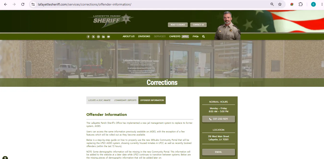 Lafayette Parish recent arrests official LPSO offender information page user guide screenshot