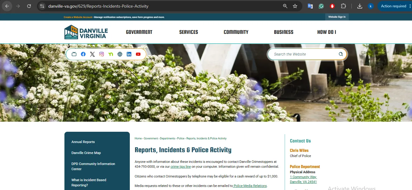 Danville VA recent arrests official police activity report page user guide screenshot