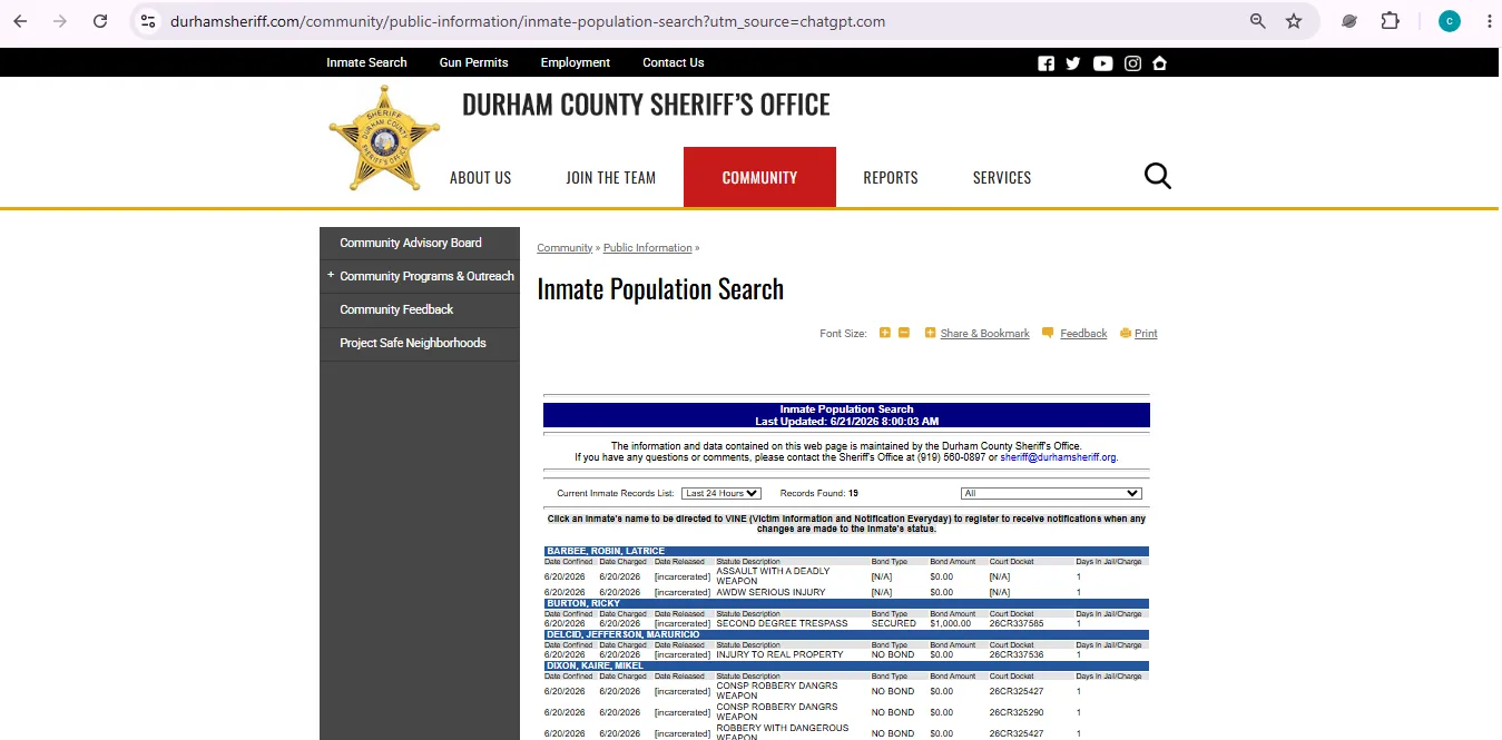 Durham recent arrests official inmate population search page user guide screenshot