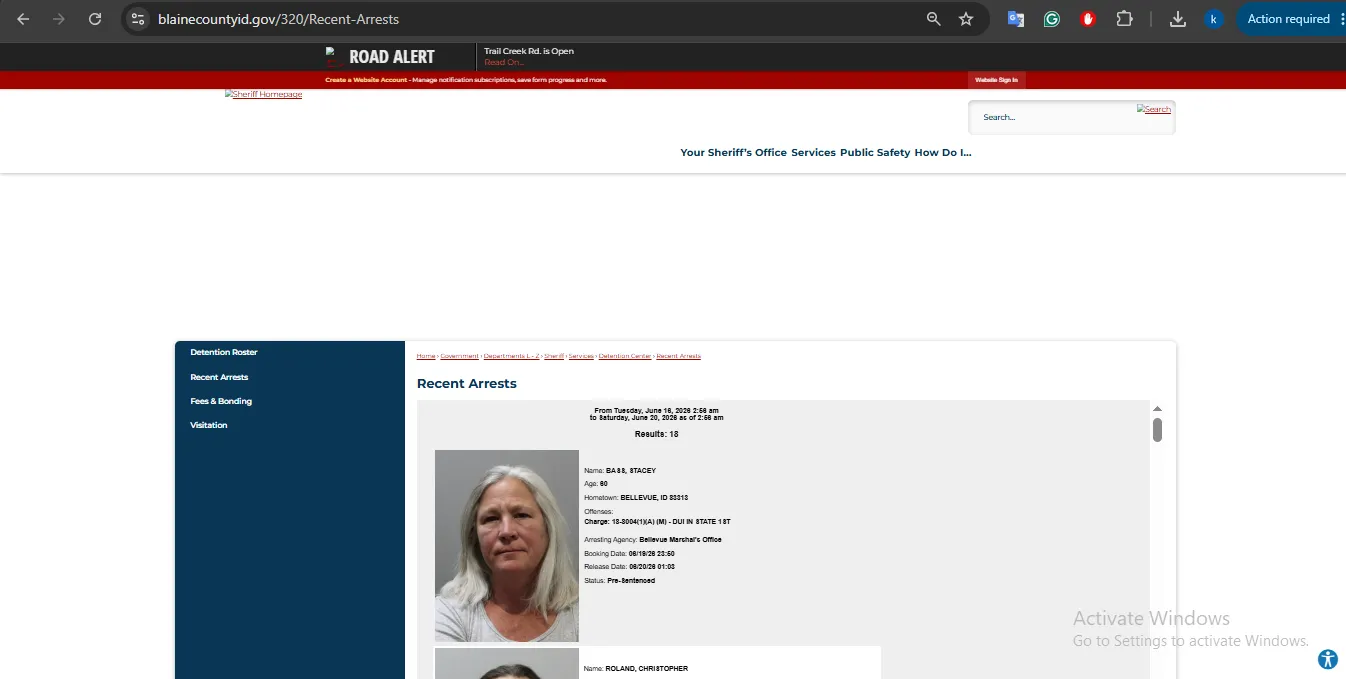 Blaine County recent arrests official page user guide screenshot for booking and jail record lookup