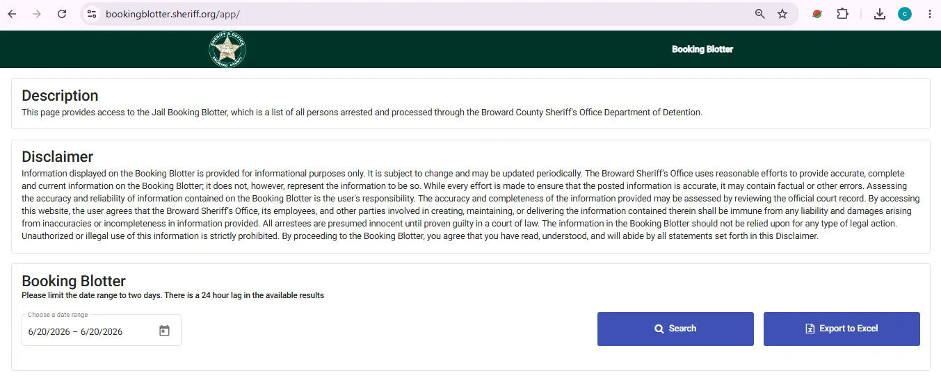 Broward County recent arrests official BSO booking blotter page user guide screenshot