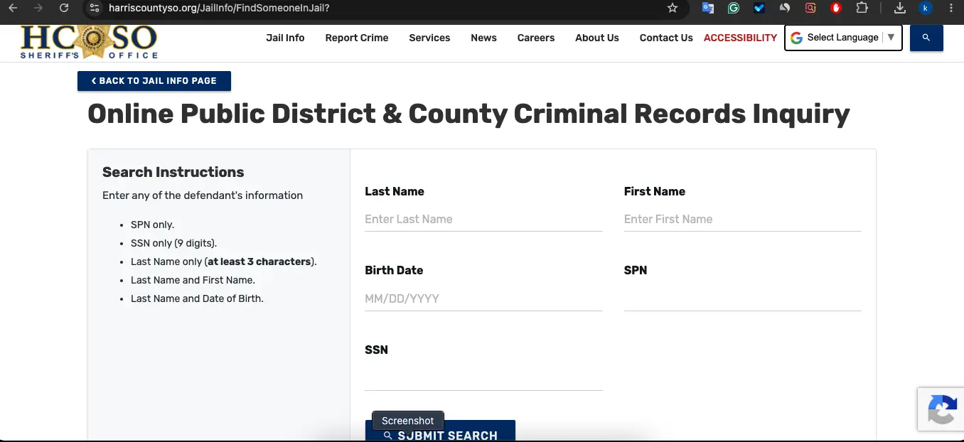 Harris County Sheriff official inmate search page for locating a person by name or SPN